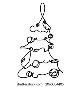 Christmas tree in one line on a white background. Decorated tree for the new year. Festive symbol of winter holidays. Abstract vector shape for greeting cards, advertising, print products, web banners