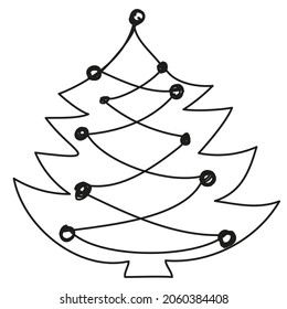 Árbol de Navidad en una línea sobre un fondo blanco. Árbol decorado para el año nuevo. Símbolo festivo de las vacaciones de invierno. Forma de vector abstracto para tarjetas de felicitación, publicidad, productos de impresión, banners web