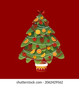 Christmas Tree With Oranges Fruits Holly Decoration