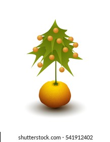 Christmas tree with oranges. Mandarin spruce. Sketch for greeting card, festive poster or party invitations.The attributes of Christmas and New year.