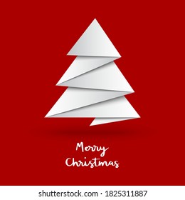 Christmas tree with origami style on red background.