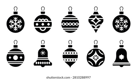 Christmas tree ornament bauble bell decoration black icon set vector