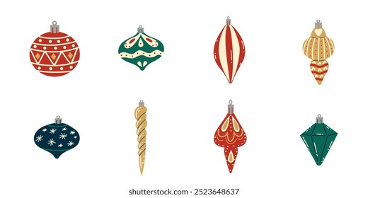 Christmas tree ornament, decoration, set of balls in Christmas colors. Green, red. Vector simple design