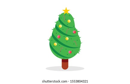 Christmas tree with ornament decorations, vector illustration isolated on white background, template for design, greeting card, invitation