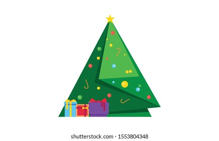 Christmas tree with ornament decorations, vector illustration isolated on white background, template for design, greeting card, invitation