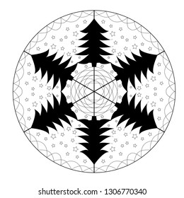 Christmas tree ornament with decorative items, Black and white. Zentangle patters. The design, textiles, posters, coloring book