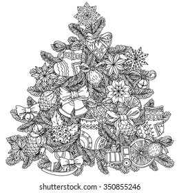 Christmas tree ornament with decorative items, Black and white. Zentangle patters.  The best for your design, textiles, posters, coloring book