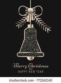 Christmas tree ornament with line icons texture: mistletoe, snowman, wreath, stocking and candle. Xmas, New Year card, background, poster with hanging gold jingle bell or bauble on black background.