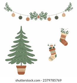 Christmas tree with ornament in pot, green christmas tree branches, gift sock, garlands for festive decoration. 
Flat vector illustration.