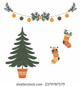 
Christmas tree with ornament in pot, green christmas tree branches, gift sock, garlands for festive decoration. 
Flat vector illustration.