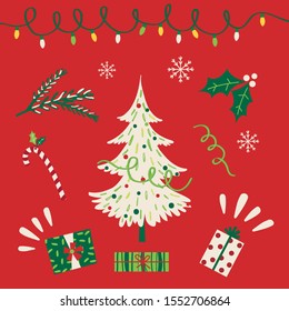 Christmas tree with Christmas ornament with red and green color, vector illustration