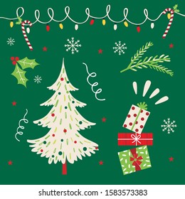 Christmas Tree With Christmas Ornament With Red And Green Color, Vector Illustration