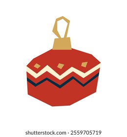 Christmas tree ornament round in flat style. Geometric shapes isolated on white. Cut out of paper object. Red and gold colors. Vector illustration.