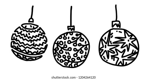 Christmas tree ornaments, baubles or "christmas balls". Glass ornaments.
Hand-drawn vector illustration. Christmas card.