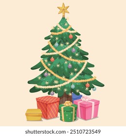 Christmas tree with ornaments baubles Christmas Light Garland Ribbon and gift boxes vector illustration