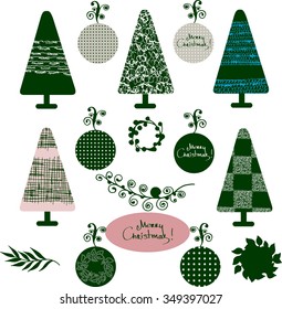 Christmas tree, ornaments and branch with leaves. Vector set for holiday design. 