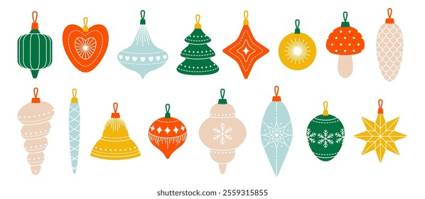 Christmas Tree Ornaments. Colorful vivid Christmas Balls in red, green, yellow colors. Winter holiday decorations, festive season. Vector set isolated on white background