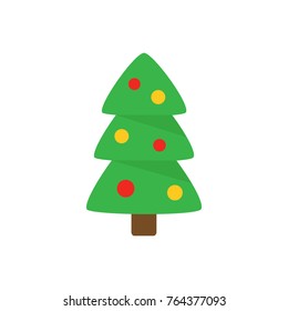Christmas tree with ornaments. Festive xmas tree vector graphic icon. Green christmas conifer tree with red and yellow, gold ball ornaments.