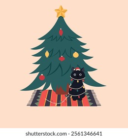 Christmas tree with ornaments and funny cat wrapped around the lights standing on the floor on the carpet. Vector illustration cartoon flat style.