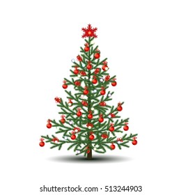 christmas tree with ornaments and garland with reflection on white background