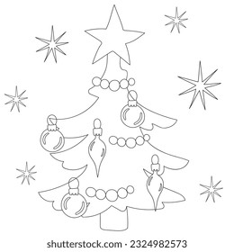 Christmas tree with ornaments and garlands. Black and white. Cartoon vector illustration for coloring book.