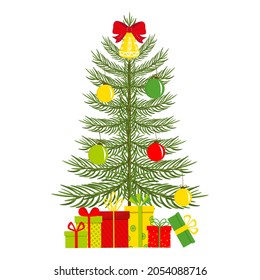 Christmas tree with ornaments and gift box. New Year decoration isolated on white background. Flat vector illustration.
