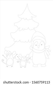 Christmas tree with ornaments and gifts. Christmas. New year. Coloring book for kids. Mouse, penguin, crescent moon. Vector.