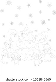 Christmas tree with ornaments and gifts. Christmas. New year. Coloring book for kids. Mouse, penguin, crescent moon. Vector.