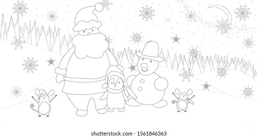 Christmas tree with ornaments and gifts. Christmas. New year. Coloring book for kids. Mouse, penguin, crescent moon. Vector.