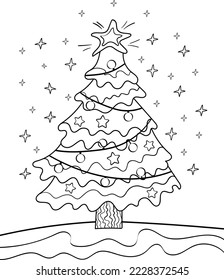 Christmas tree with ornaments and gifts. Christmas. New year. Coloring book for kids. Coloring Page