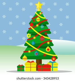 Christmas Tree With Ornaments And Gifts Outside With Snow Falling Vector Illustration