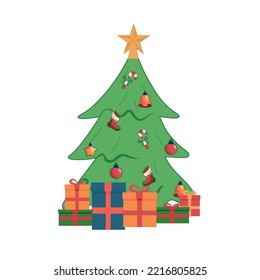 Christmas tree with ornaments, gifts and star. Isolated on white. Vector new year illustration