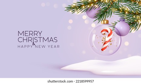 Árbol de Navidad con ornamentos vidrio bolas transparentes con caña de caramelo en invierno fondo nevado luces brillantes de bokeh dorado  Feliz Navidad y feliz tarjeta de regalo de Año Nuevo  Ilustración del vector