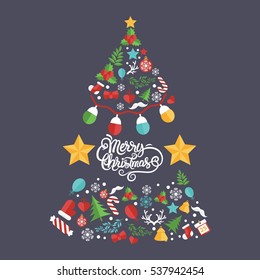 Christmas tree with ornaments icon set