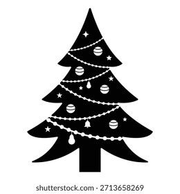 Christmas tree with ornaments icon vector. A beautiful Christmas tree. Christmas tree Vector silhouette. Vector illustration.