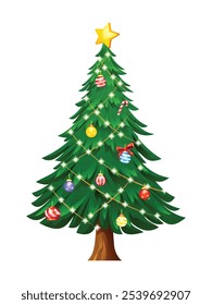 Christmas tree with ornaments, lights, and a star topper. Vector cartoon illustration