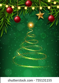 Christmas tree and ornaments on green background illustration