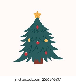 Christmas tree with ornaments on isolated white background. Vector illustration cartoon flat style.