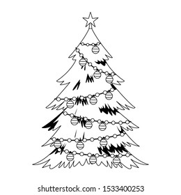 christmas tree with ornaments over white background, flat design. vector illustration