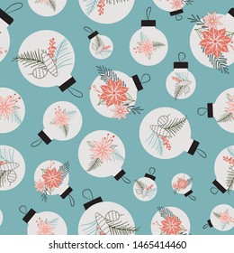 Christmas tree ornaments pattern background. Retro festive holiday season seamless background. Vector