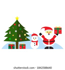 Christmas tree with ornaments and Santa Claus holding gift box, snowman with red santa hat and scarf on white background.