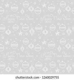 Christmas tree ornaments seamless pattern with hadwritten lettering happy new year