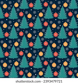 Árbol de Navidad y adornos sin fisuras. Bolas de navidad coloridas y copos de nieve blancos sobre fondo oscuro. Ilustración vectorial de decoraciones de vacaciones.