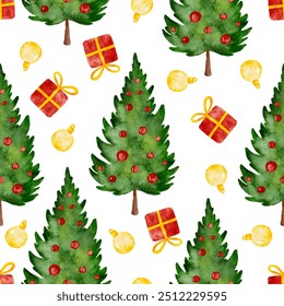 Christmas tree with ornaments seamless pattern ball and gift boxes on white background