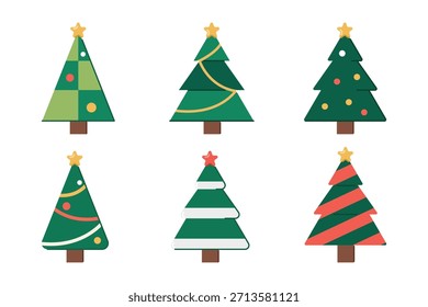 Das Weihnachtsbaumschmuckset umfasst geometrische, runde Form, klassische Kiefer, abstrakte, geschichtete Form, modernes Vektordesign.