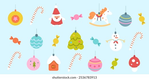 Christmas tree ornaments set. New year decoration collection isolated on blue background. Colorful Xmas balls, garland, candy. Vector pattern for season greetings, card, social banner.