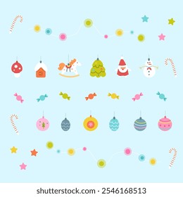 Christmas tree ornaments set. New year decoration collection isolated on blue background. Colorful Xmas balls, garland, candy. Vector pattern for season greetings, card, social banner.