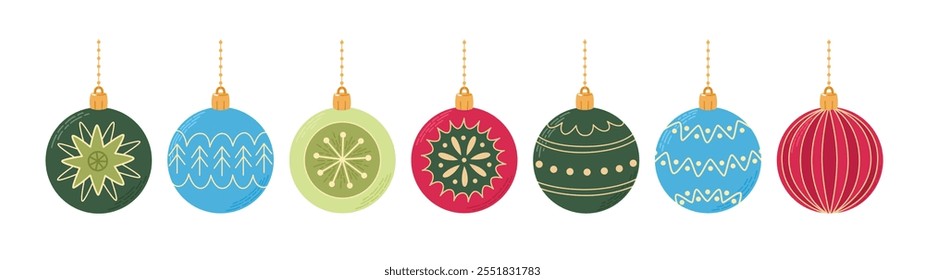 Christmas tree ornaments set. Various Christmas festive decorations collection. Multicolored glass ball ornaments. Vector illustrations isolated on white background.