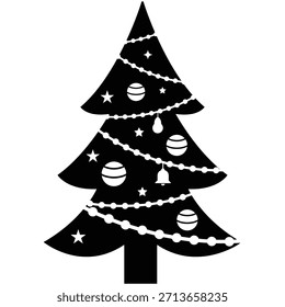 Árvore de Natal com ornamentos, vetor de forma de árvore de Natal. Árvore preta e ornamentos brancos, árvore de Natal Silhueta do vetor. Ilustração vetorial.