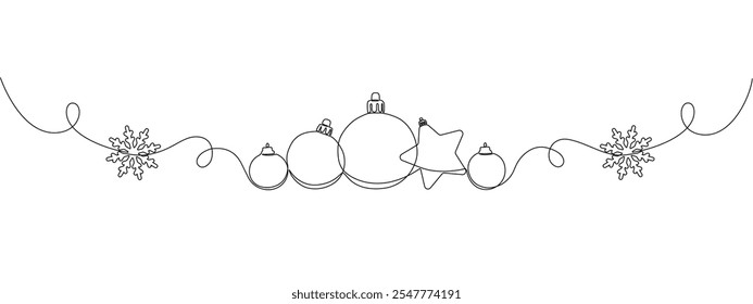 Christmas tree ornaments, snowflakes of one continuous line.    New Year's decoration. Festive xmas card.  Vector editable illustration